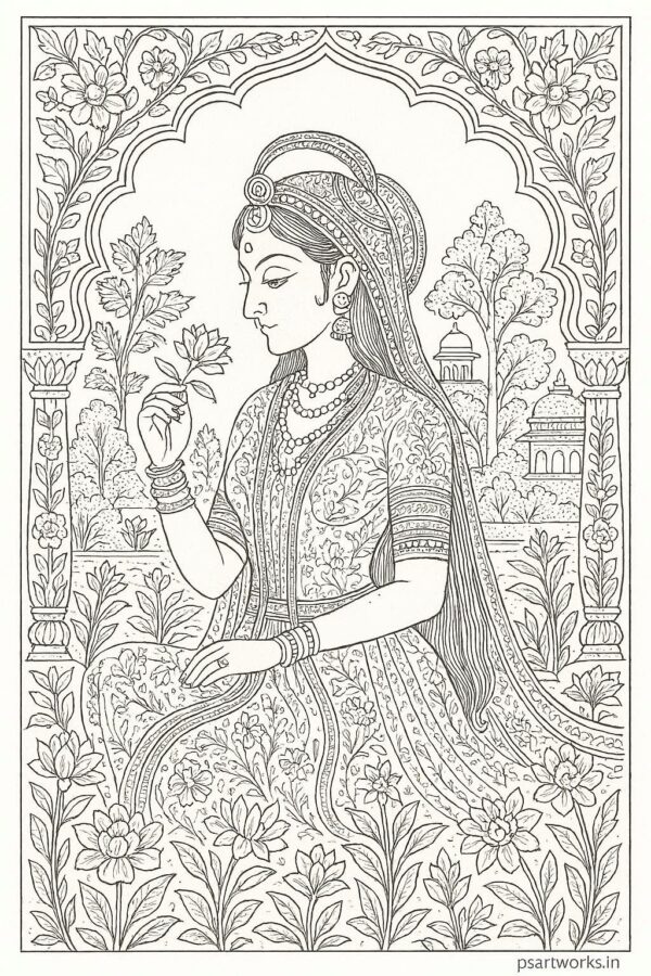 Indian Mughal and Rajsthani Art Coloring Page