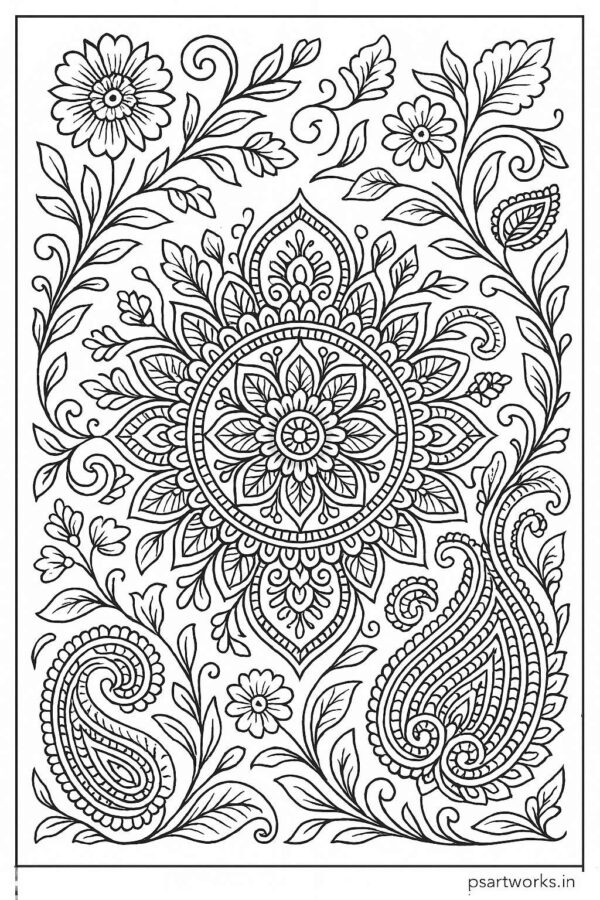 Indian floral art coloring page