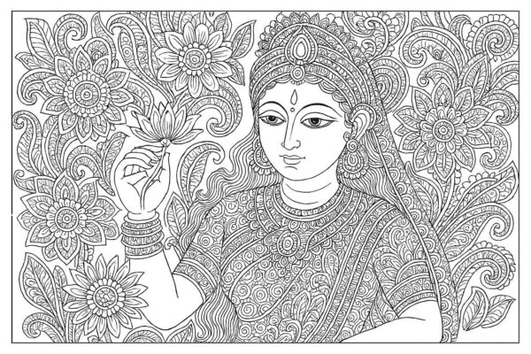 Indian woman medieval art coloring page