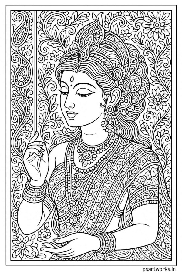 Indian woman medieval art coloring page