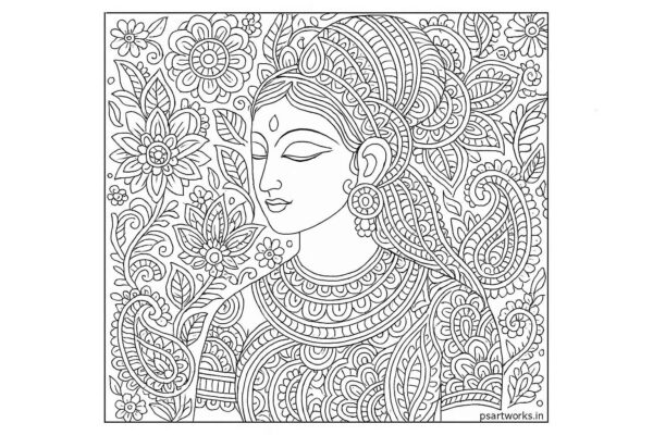 Indian woman medieval art coloring page