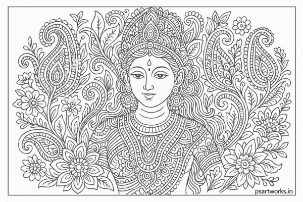 Indian woman medieval art coloring page