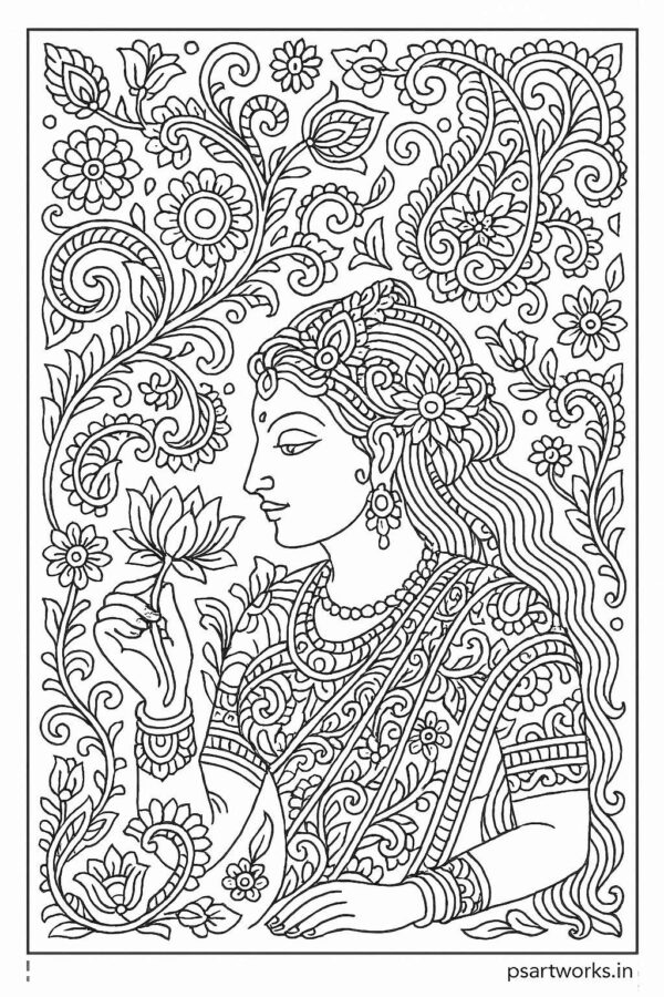 Indian woman medieval art coloring page