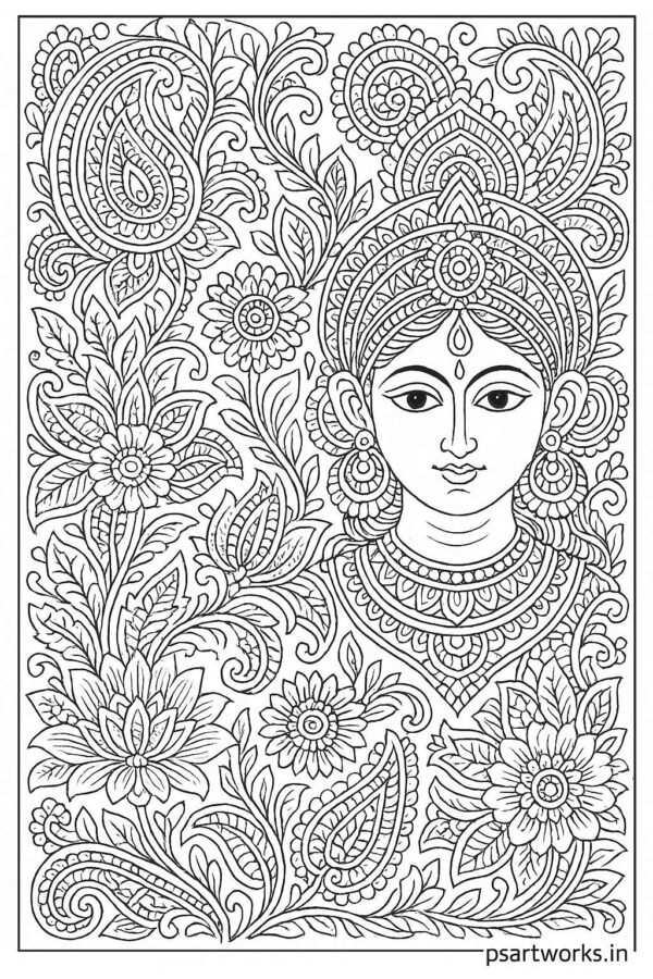 Indian woman medieval art coloring page