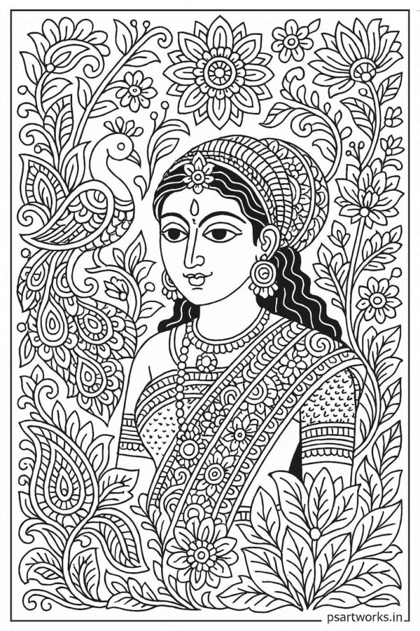 Indian woman medieval art coloring page