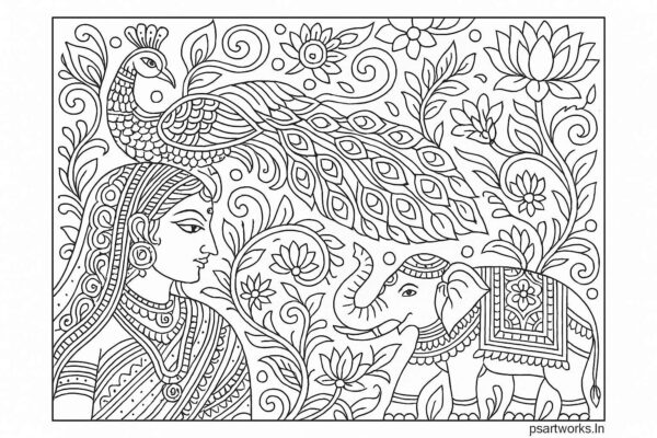 Indian woman medieval art coloring page