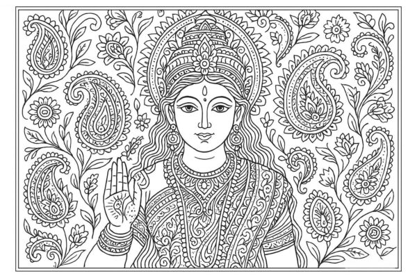 Indian woman medieval art coloring page