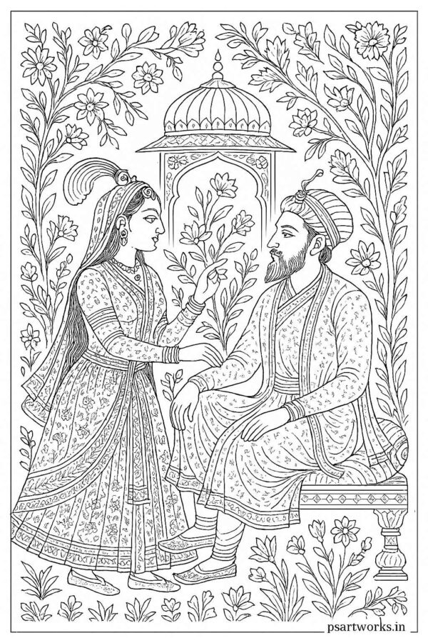 Mughal art coloring pages for Adults
