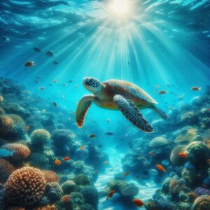 Turtles swimming in ocean