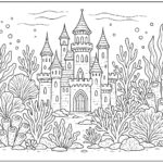 Castle in ocean with corals coloring page