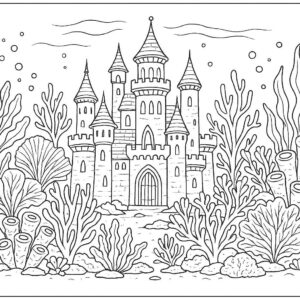 Castle in ocean with corals coloring page