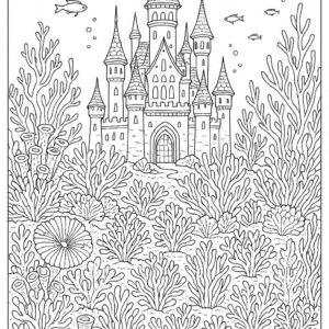 Castle in ocean with corals coloring page