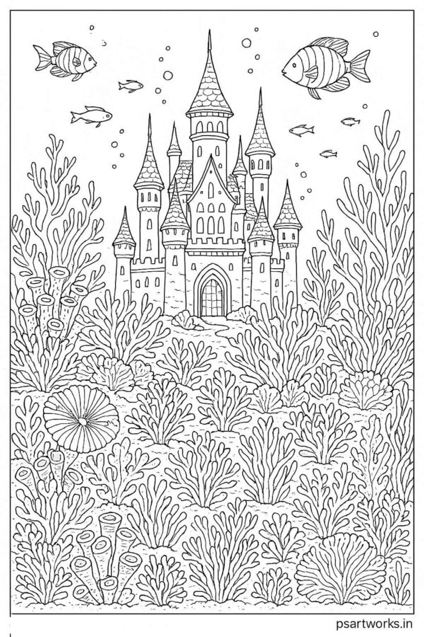 Castle in ocean with corals coloring page