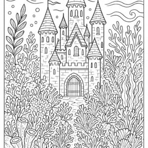 Castle in ocean with corals coloring page