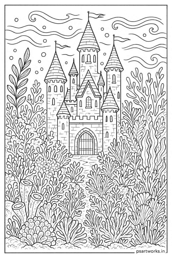 Castle in ocean with corals coloring page
