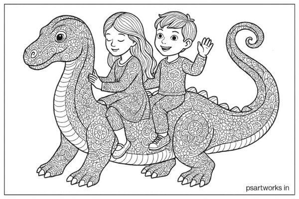 kids with Dinosaur coloring page