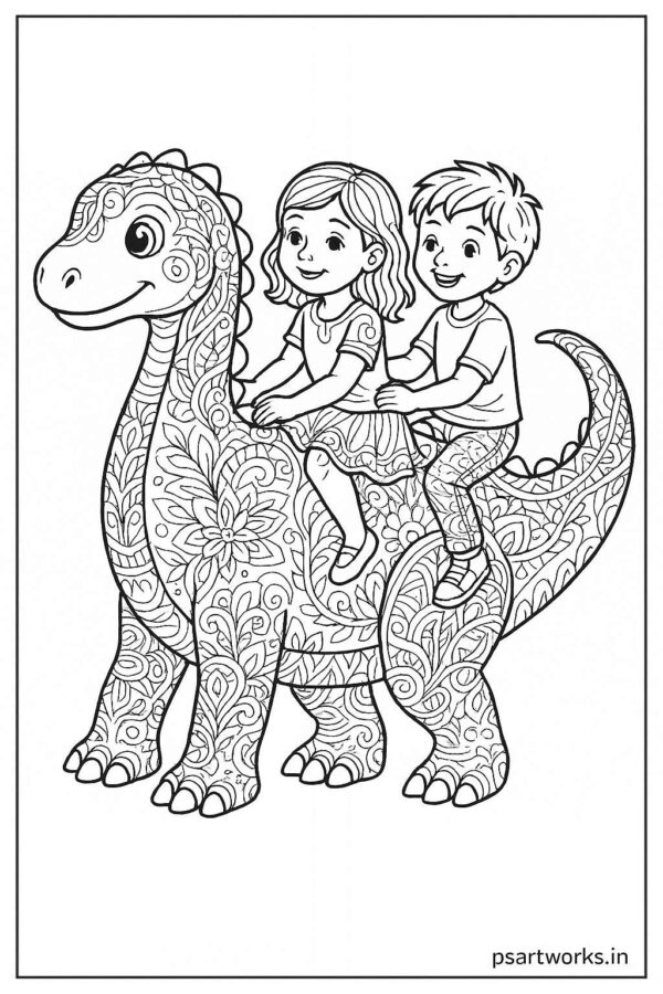 kids with Dinosaur coloring page