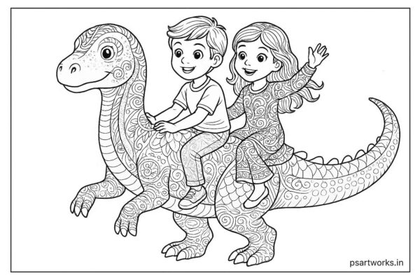 kids with Dinosaur coloring page