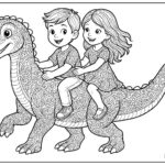 kids with Dinosaur coloring page