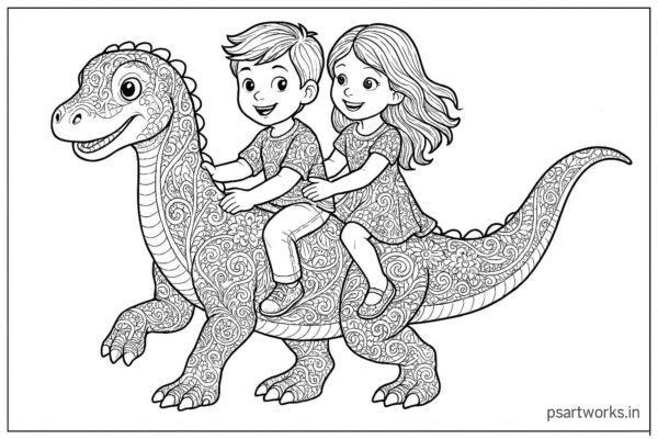 kids with Dinosaur coloring page