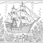 Ship in ocean with corals coloring page
