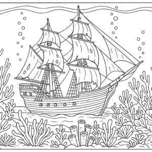 Ship in ocean with corals coloring page