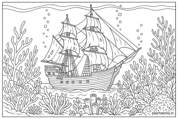 Ship in ocean with corals coloring page