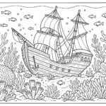 Ship in ocean with corals coloring page