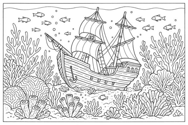 Ship in ocean with corals coloring page
