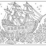 Ship in ocean with corals coloring page
