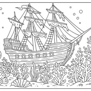 Ship in ocean with corals coloring page