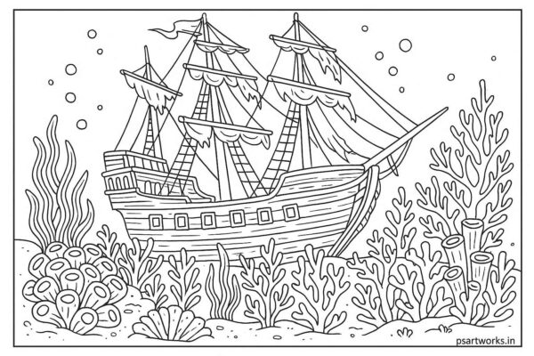 Ship in ocean with corals coloring page