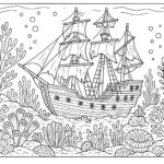 Ship in ocean with corals coloring page