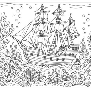 Ship in ocean with corals coloring page