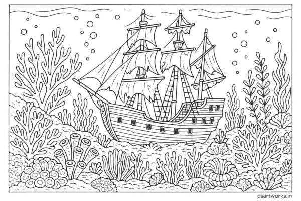 Ship in ocean with corals coloring page