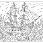 Ship in ocean with corals coloring page