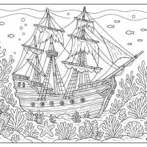 Ship in ocean with corals coloring page