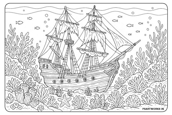 Ship in ocean with corals coloring page