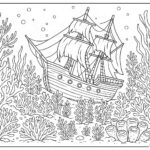 Ship in ocean with corals coloring page