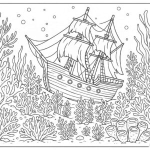 Ship in ocean with corals coloring page
