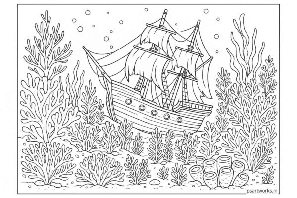Ship in ocean with corals coloring page