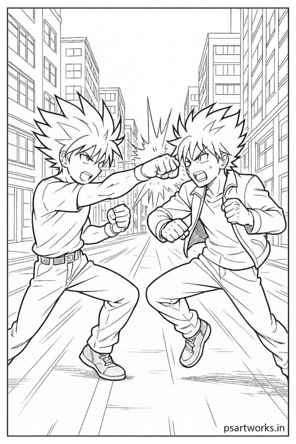 Anime Fight Scene Coloring Page
