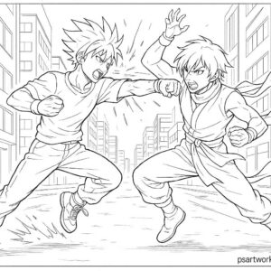 Anime Fight Scene Coloring Page
