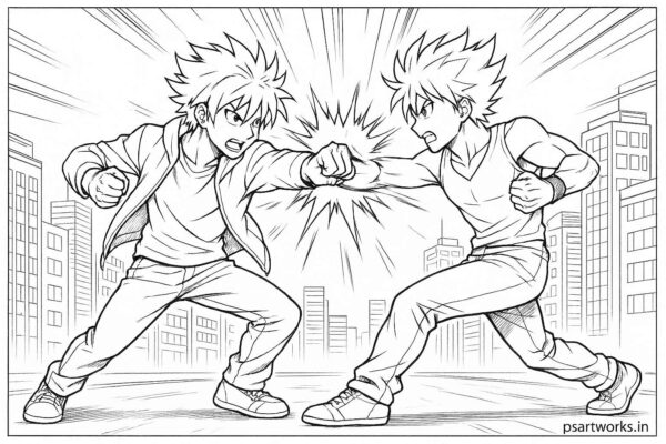 Anime Fight Scene Coloring Page
