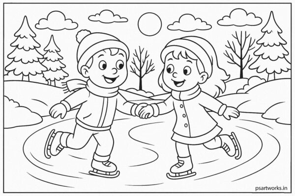 Boy and girl skating on frozen river