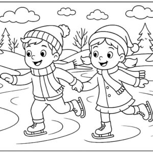 Boy and girl skating on frozen river