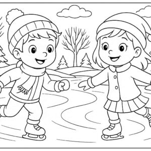 Boy and girl skating on frozen river