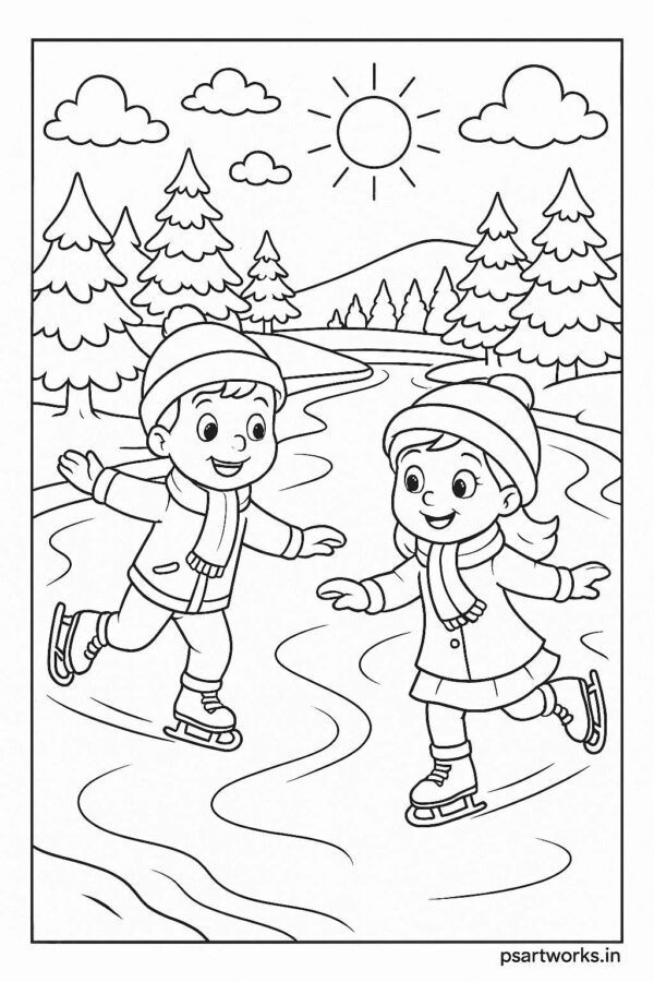 Boy and girl skating on frozen river