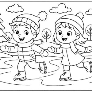 Boy and girl skating on frozen river