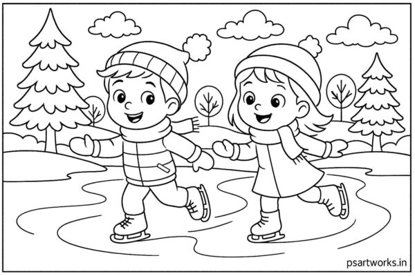 Boy and girl skating on frozen river